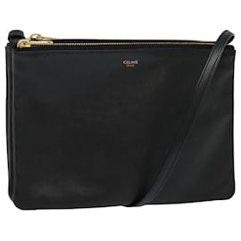 Céline-CELINE Trio Large Shoulder Bag Leather Black Gold Auth 118250-Black,Golden