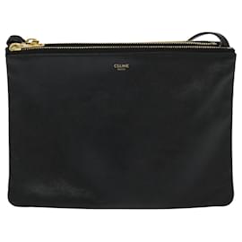 Céline-CELINE Trio Large Shoulder Bag Leather Black Gold Auth 118250-Black,Golden