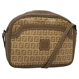 Fendi-FENDI Zucchino Canvas Shoulder Bag PVC Beige Gold Auth BA1511-Beige,Golden