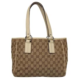 Gucci-GUCCI GG Canvas Tote Bag Beige Silver 113019 Auth 117606-Silvery,Beige