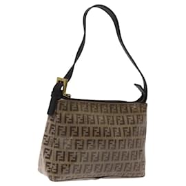 Fendi-FENDI Zucchino Canvas Hand Bag Enamel Brown Gold Auth 117435-Brown,Golden