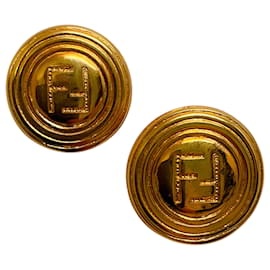 Fendi-Fendi Vintage Gold Plated Round Logo Earrings-Golden