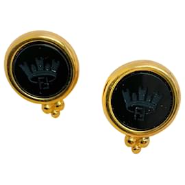 Fendi-Fendi Vintage Gold Plated Black Logo Crown Earrings-Golden