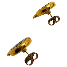 Fendi-Fendi Vintage Gold Plated Black Logo Crown Earrings-Golden