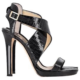 Jimmy Choo-Sandales à talons à brides croisées Jimmy Choo en cuir verni noir-Noir