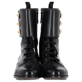 Valentino Garavani-Bottes de combat à lacets Valentino Rockstud en cuir noir-Noir