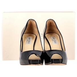Jimmy Choo-Jimmy Choo Comet Peep Toe Pumps in Black Patent Leather -Black