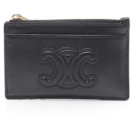 Céline-Celine Leather Zip Card Holder Trionf Card Case-Black
