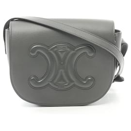 Céline-Celine Leather Folco Triomphe Shoulder Bag-Grey