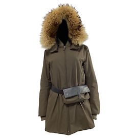 Prada Fur-Trimmed Hood Parka Jacket with Belt Bag in Olive Green Polyester Green Olive green