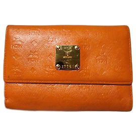 MCM Embossed Leather Wallet Orange Orange