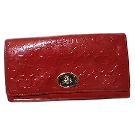 Coach Slim Envelope Signature Embossed Patent Leather Wallet On Chain Red Red