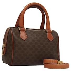 Céline-CELINE Macadam Canvas Mini Hand Bag PVC Leather 2way Brown Gold Auth 117340M-Brown,Golden