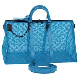 Louis Vuitton-LOUIS VUITTON Monogram Mesh Keepall Triangle 50 Bag Blue M45048 LV Auth 46405S-Turquoise