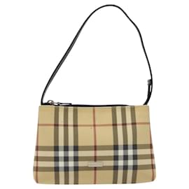 Burberry-BURBERRY Nova Check Accessory Pouch PVC Beige Silver Auth 118331-Silvery,Beige