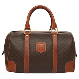Céline-CELINE Macadam Canvas Hand Bag PVC Leather Brown Gold Auth sw326-Brown,Golden
