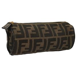Fendi-FENDI Zucca Canvas Pouch Black Brown gold Auth ar13418-Brown,Black,Golden