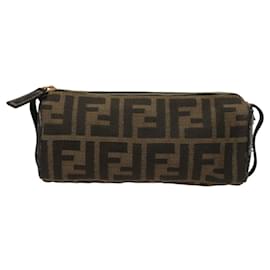 Fendi-FENDI Zucca Canvas Pouch Black Brown gold Auth ar13418-Brown,Black,Golden