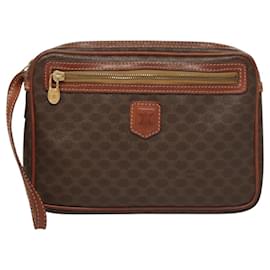 Céline-CELINE Macadam Canvas Clutch Bag PVC Leather Brown Gold Auth bs24423-Brown,Golden