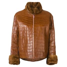 Autre Marque-Carlo Tivioli Brown Crocodile Leather Jacket-Brown