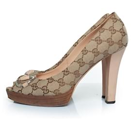 Gucci-Gucci, escarpins peep-toe en toile GG avec mors de cheval-Marron,Autre