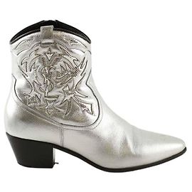 Saint Laurent Botas de cuero plateadas Plata