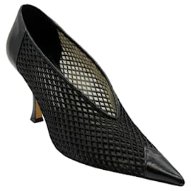 Jimmy Choo-Jimmy Choo Black Leather / Mesh Nicole V Cut Pointed Toe Pumps-Black