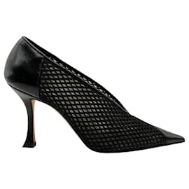 Jimmy Choo-Jimmy Choo Black Leather / Mesh Nicole V Cut Pointed Toe Pumps-Black