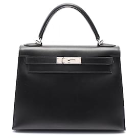 Hermès-Sac Kelly 2way en Box Calf Hermes 28 avec quincaillerie argentée, estampillé J (2006)-Noir