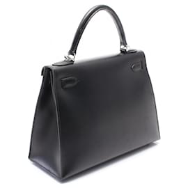 Hermès-Sac Kelly 2way en Box Calf Hermes 28 avec quincaillerie argentée, estampillé J (2006)-Noir