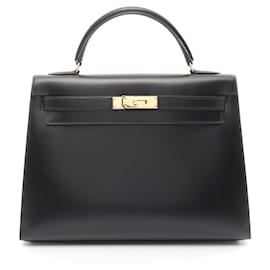 Hermès-Hermes Box Calf Kelly Handbag Black 2way Stamp A (1971)-Black
