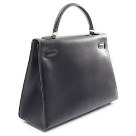 Hermès-Sac à main Kelly en Box Calf noir 2way Tampon A (1971)-Noir