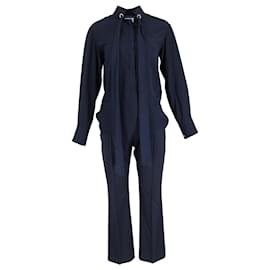 Chloé- Chloé Tie Neck Blouse and Trousers Set in Navy Blue Viscose-Blue,Navy blue