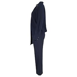 Chloé- Chloé Tie Neck Blouse and Trousers Set in Navy Blue Viscose-Blue,Navy blue