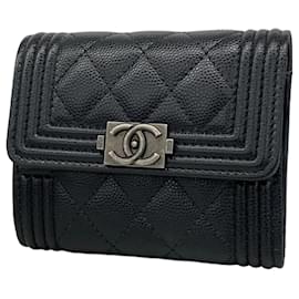 Chanel-Chanel Tri-fold Wallet in Black Grained Calfskin-Black