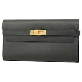 Hermès-Portefeuille Long Hermes Kelly Veau Epsom Noir D Stamp-Noir