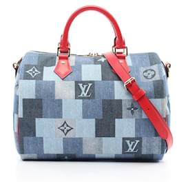 Louis Vuitton-Louis Vuitton Speedy Bandouliere 30 Denim Monogram Patchwork Handbag-Red,Multiple colors,Navy blue