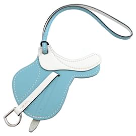 Hermès-Hermes Paddock Cells Swift Blue Atoll White Bag Charm-White,Blue
