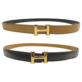 Hermès-VINTAGE CEINTURE HERMES BOUCLE H 18MM REVERSIBLE EN CUIR BOX GOLD T89 BELT-Camel