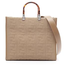 Fendi-Fendi Sunshine Medium Canvas Leather Tote Bag-Brown,Beige