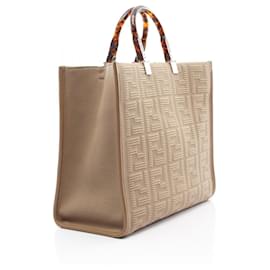 Fendi-Fendi Sunshine Medium Canvas Leather Tote Bag-Brown,Beige