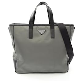 Prada-Prada Nylon Saffiano Leather Tote Bag-Grey