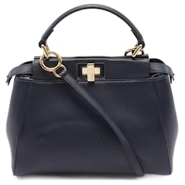 Fendi-Fendi Mini Peekaboo Iconic Leather Handbag-Blue
