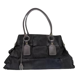 Tod's-Tod's Checkered Pony/Leather Shoulder Bag-Black,Navy blue