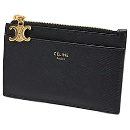 Céline-Celine Black Leather Zip Card Holder-Black