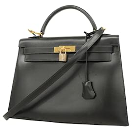 Hermès-Sac à main Hermes Kelly 32 en cuir de veau noir box-Noir