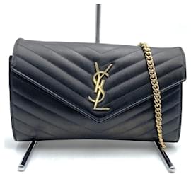 Yves Saint Laurent-Yves Saint Laurent Black Leather Chain Shoulder Wallet-Black