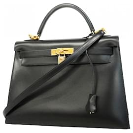 Hermès-Sac à main Hermes Kelly 32 en cuir de veau noir-Noir