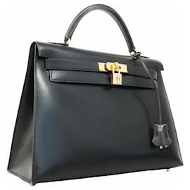 Hermès-Sac à main Hermes Kelly 32 en cuir de veau noir-Noir