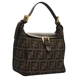 Fendi-FENDI Zucca Canvas Shoulder Bag Black Brown gold Auth 117748-Brown,Black,Golden